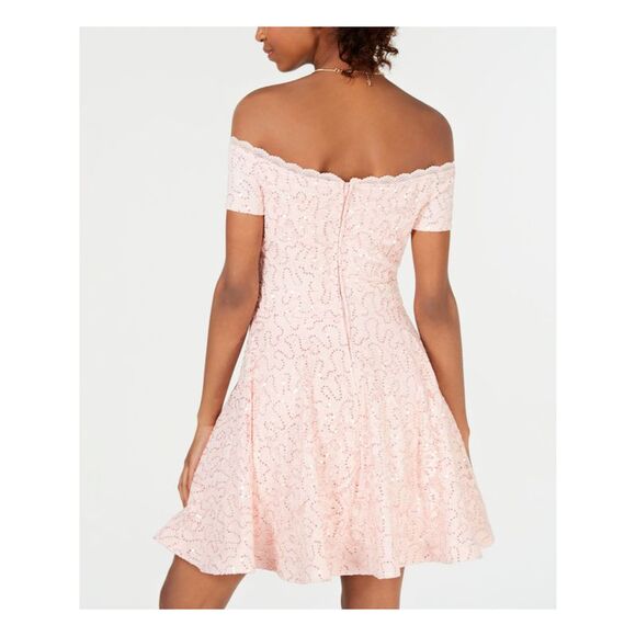 NWT B DARLIN Womens Pink Lace Sequined Off Shoulder Party Dress 5\6 - Picture 2 of 5